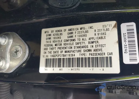 2011 Honda Accord 2.4 Lx from USA, damaged, VIN 1HGCP2F37BA116364